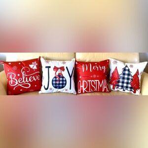 Set of 4 Rustic Red, Black, Natural Linen Blend Christmas Pillow Covers New